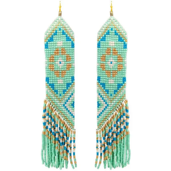 MULTICOLOR SEED BEAD TASSEL LONG DROP DANGLE EARRINGS - MINT