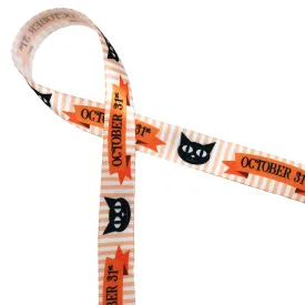 October 31st Ribbon with a cute black cat and orange stripes on 5/8" white single face satin