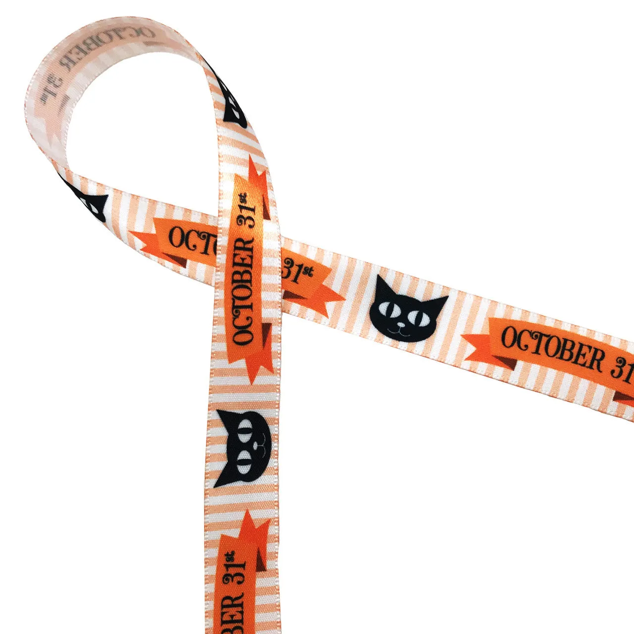October 31st Ribbon with a cute black cat and orange stripes on 5/8" white single face satin