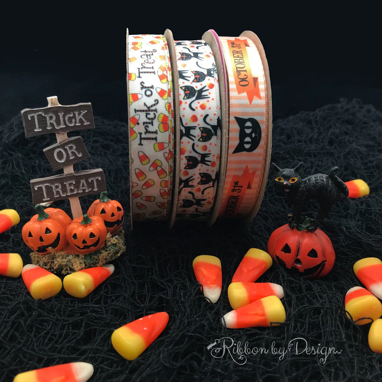 October 31st Ribbon with a cute black cat and orange stripes on 5/8" white single face satin