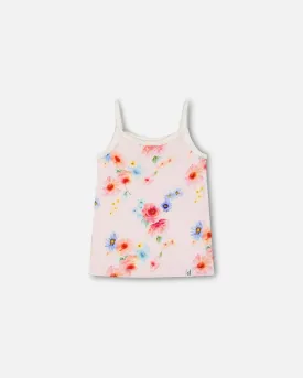 Organic Cotton Tank Top Light Pink Printed Flowers