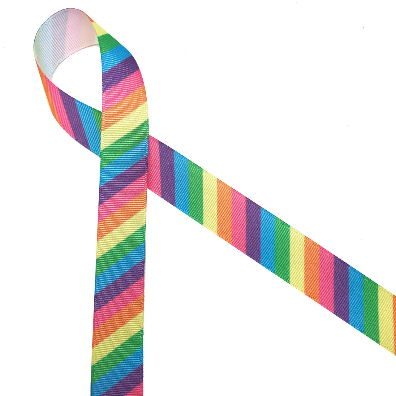 Pastel Rainbow stripes Ribbon on 7/8" white grosgrain