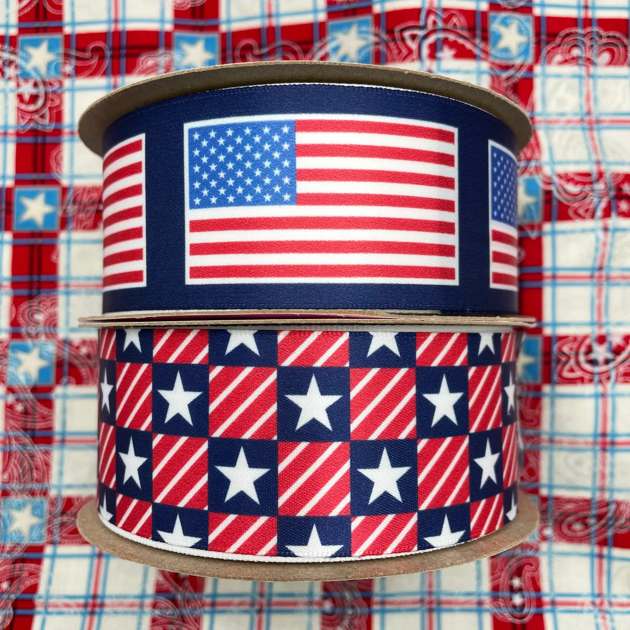 Patriotic ribbon with stars and stripes for 4th of July  printed on 1.5" white satin