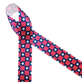 Patriotic ribbon with stars and stripes for 4th of July  printed on 1.5" white satin
