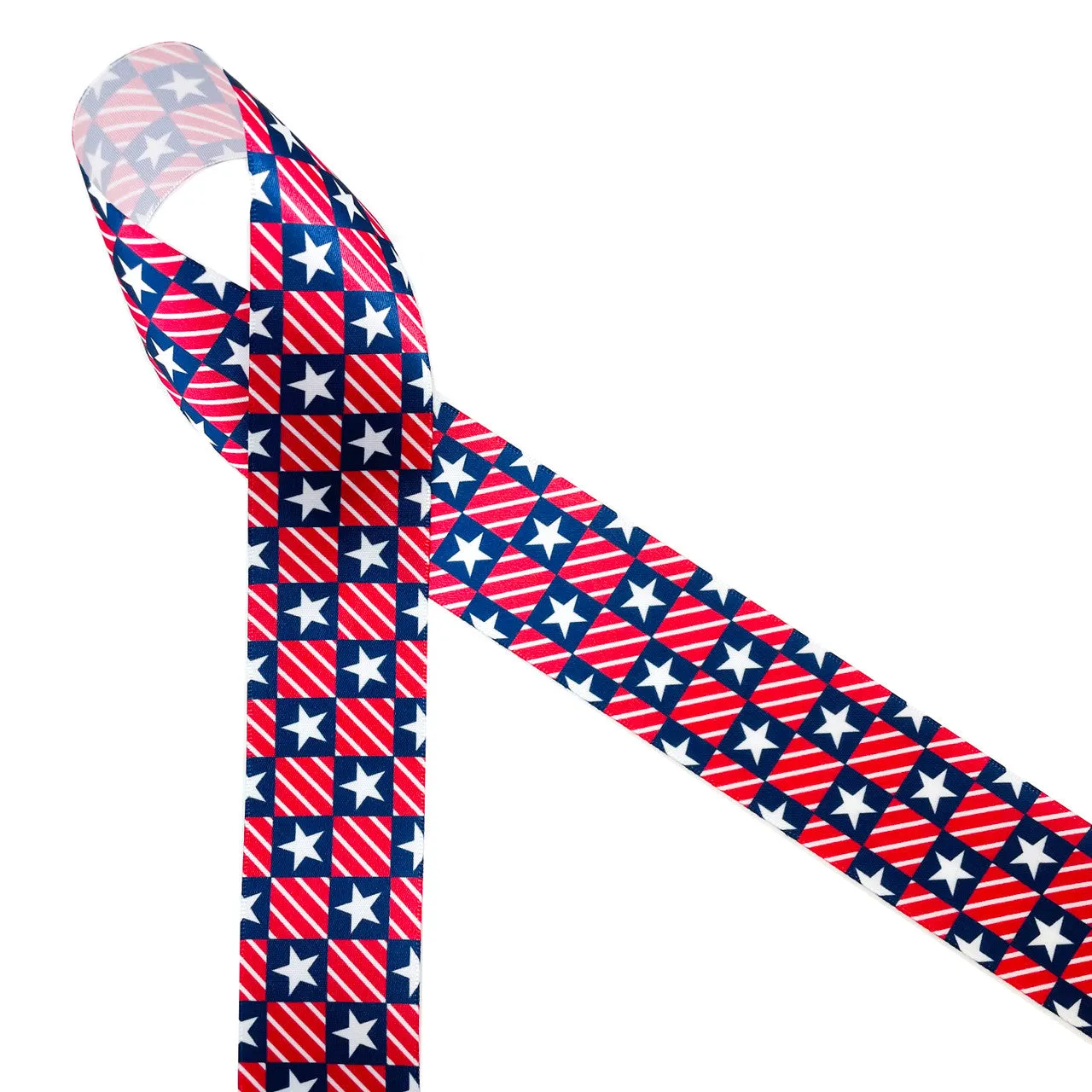 Patriotic ribbon with stars and stripes for 4th of July  printed on 1.5" white satin