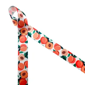 Peaches ribbon peach halves with pits and leaves printed on 7/8" white satin ribbon