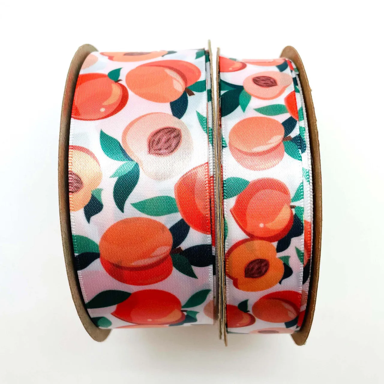 Peaches ribbon peach halves with pits and leaves printed on 7/8" white satin ribbon