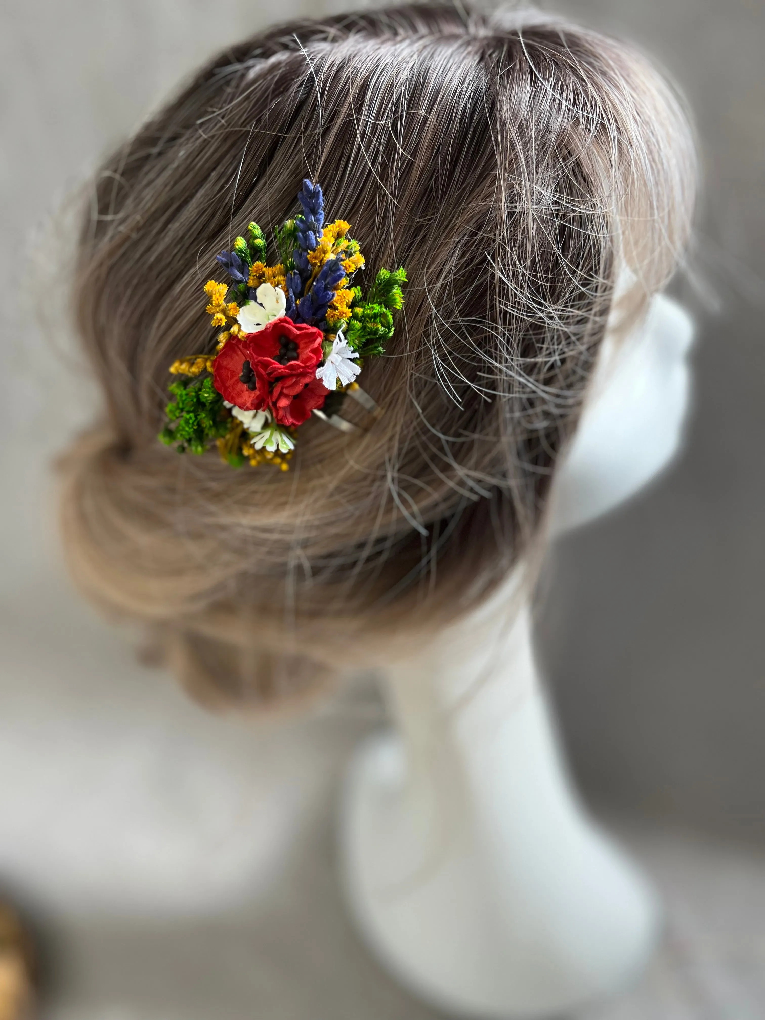 Poppy and lavender flower hair clip