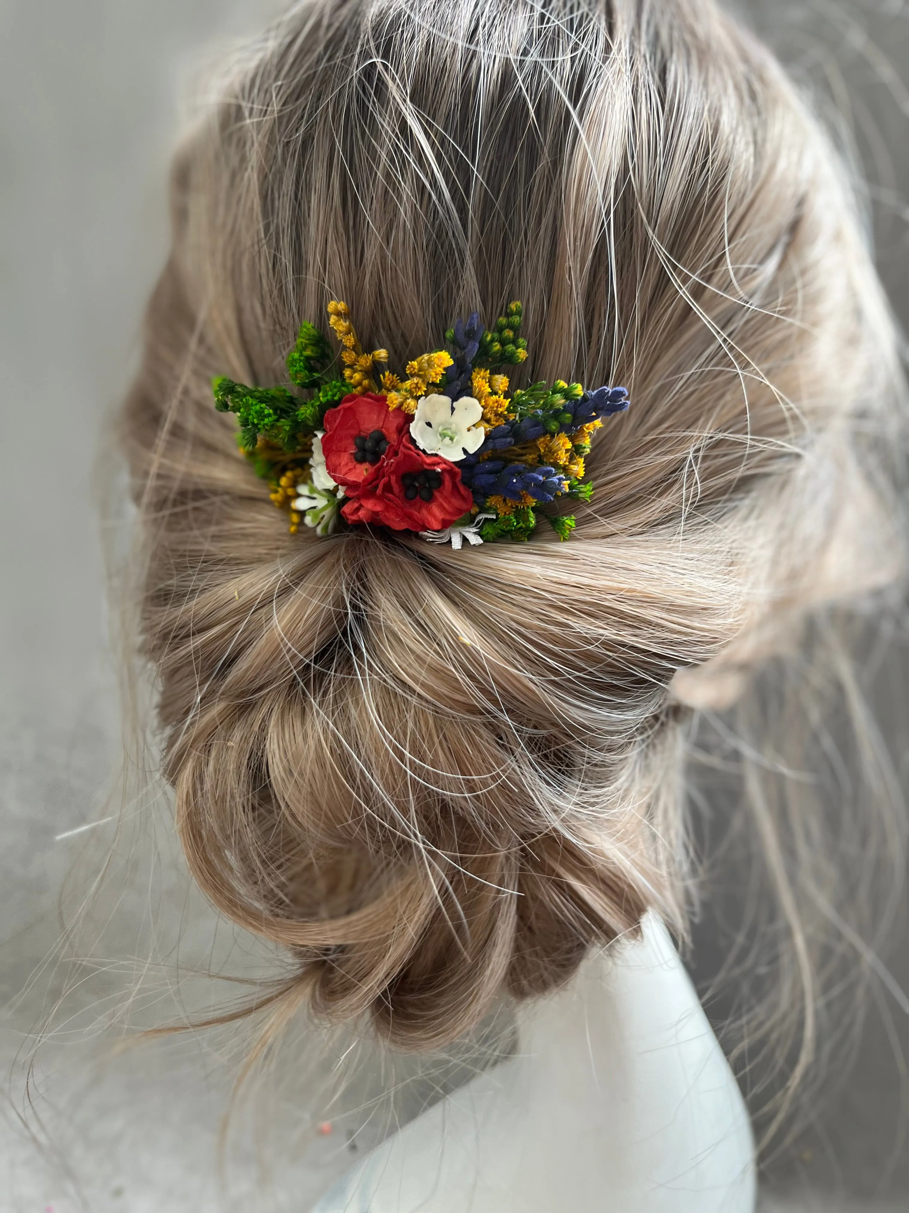Poppy and lavender flower hair clip