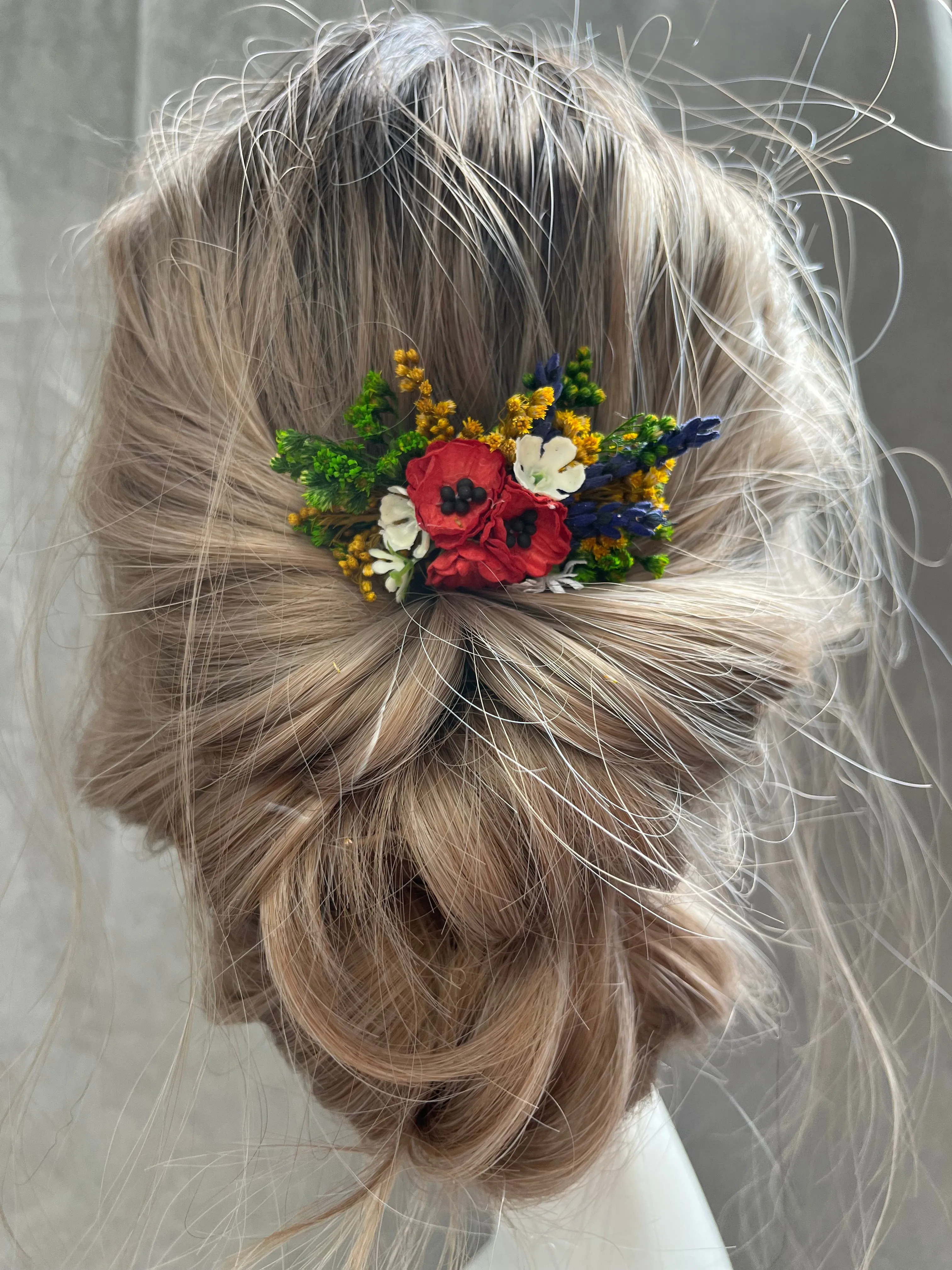 Poppy and lavender flower hair clip