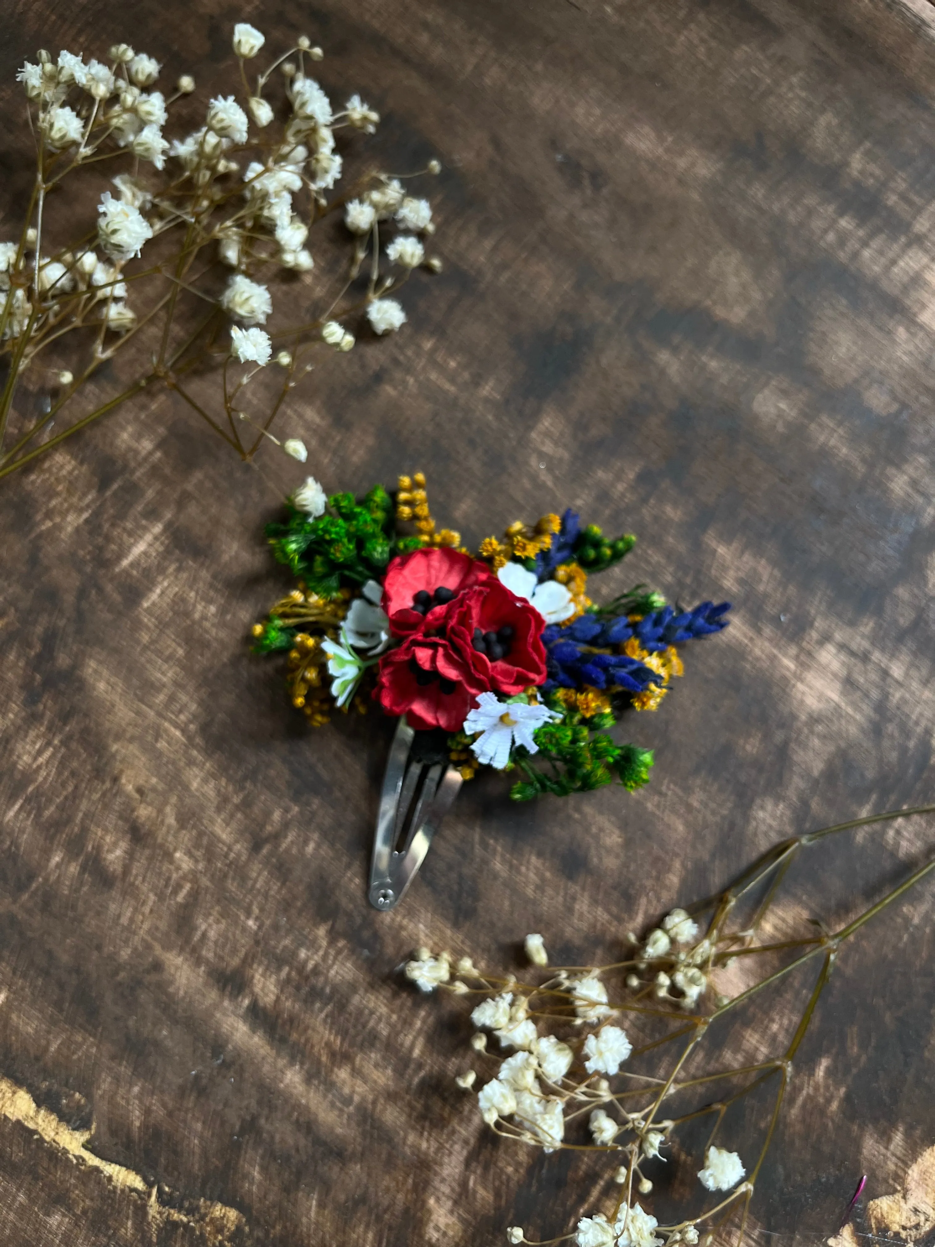 Poppy and lavender flower hair clip