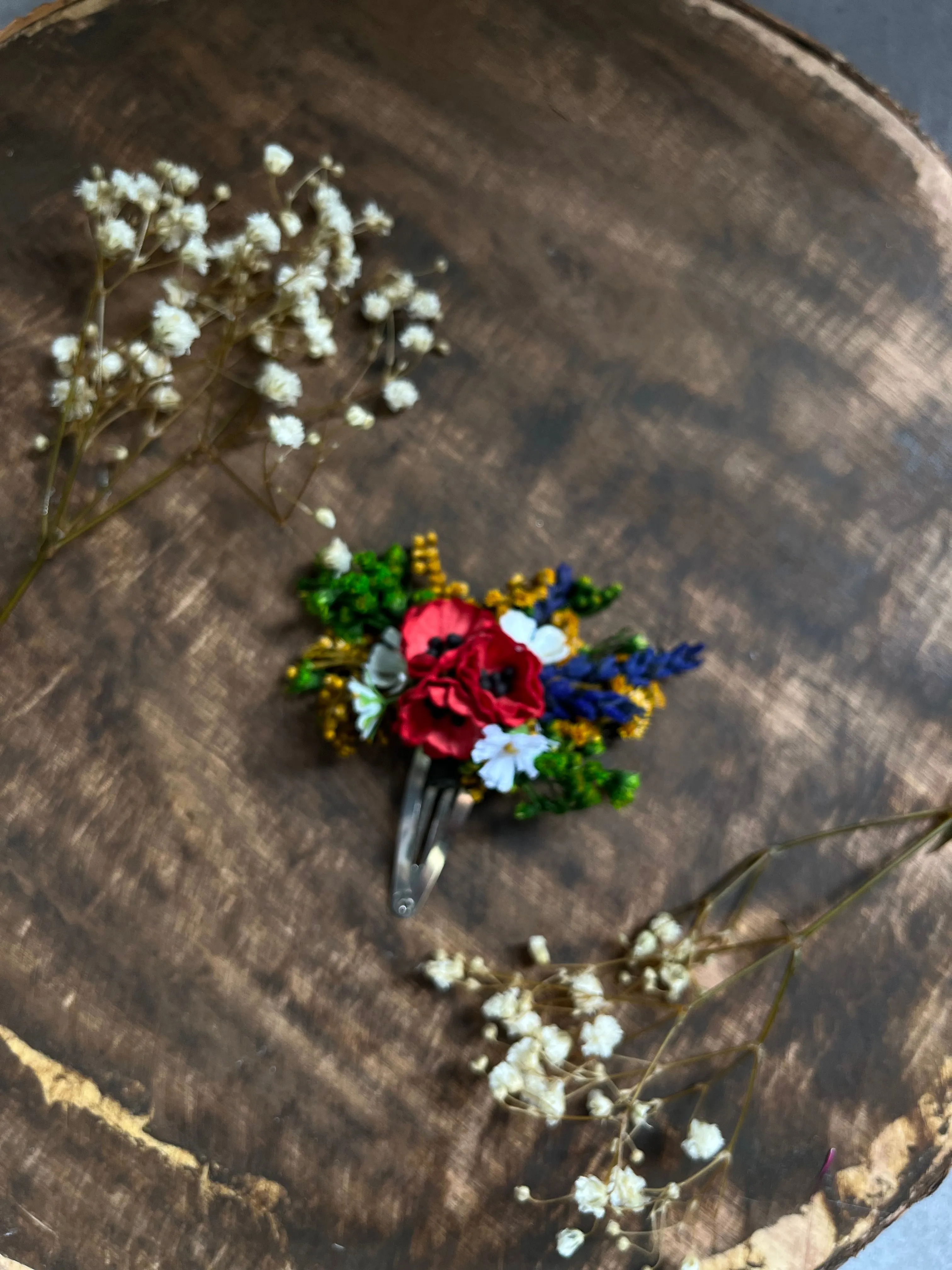 Poppy and lavender flower hair clip