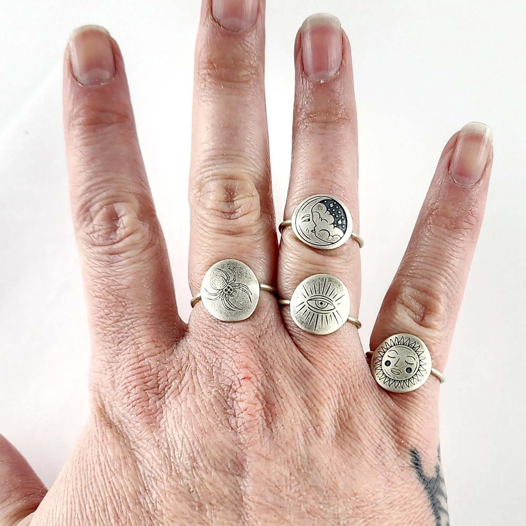 Recycled Coin Silver Mystic Tattoo Engraved Stacking Ring