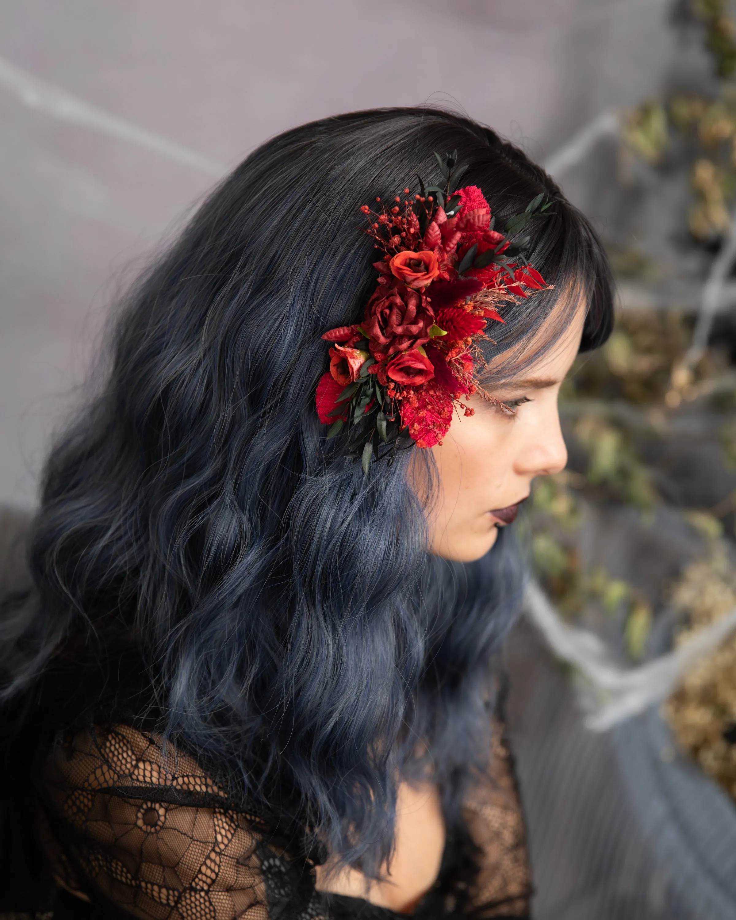 Red bridal flower hair comb