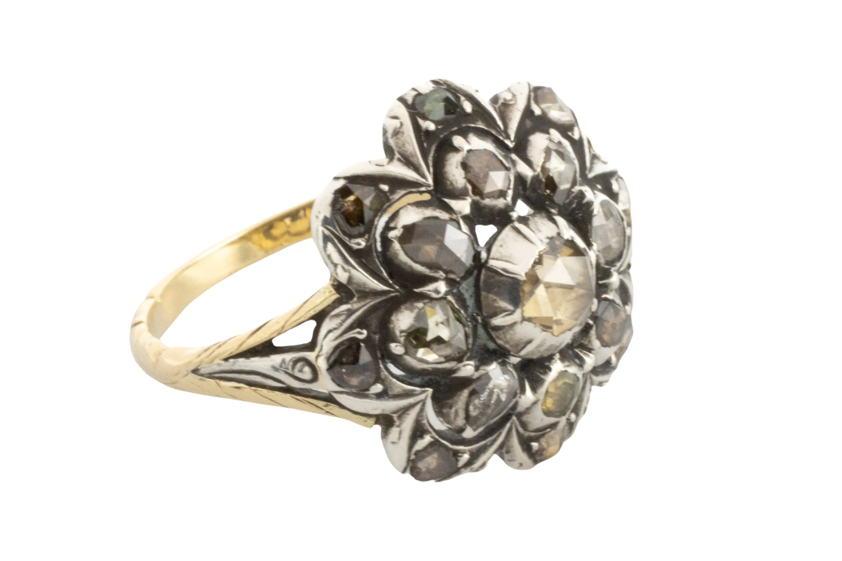 Rose diamond cluster ring in silver and 14 carat gold