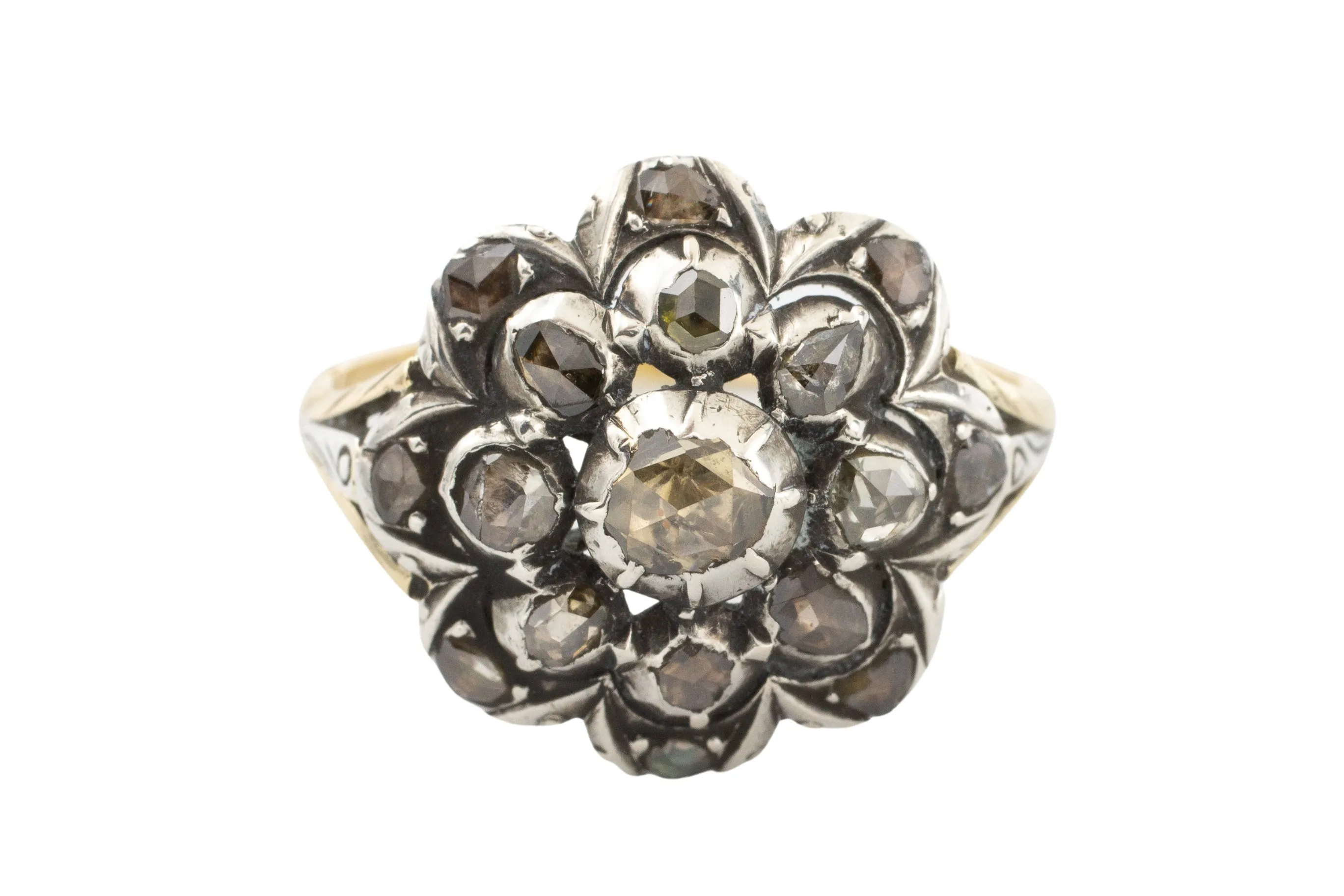 Rose diamond cluster ring in silver and 14 carat gold