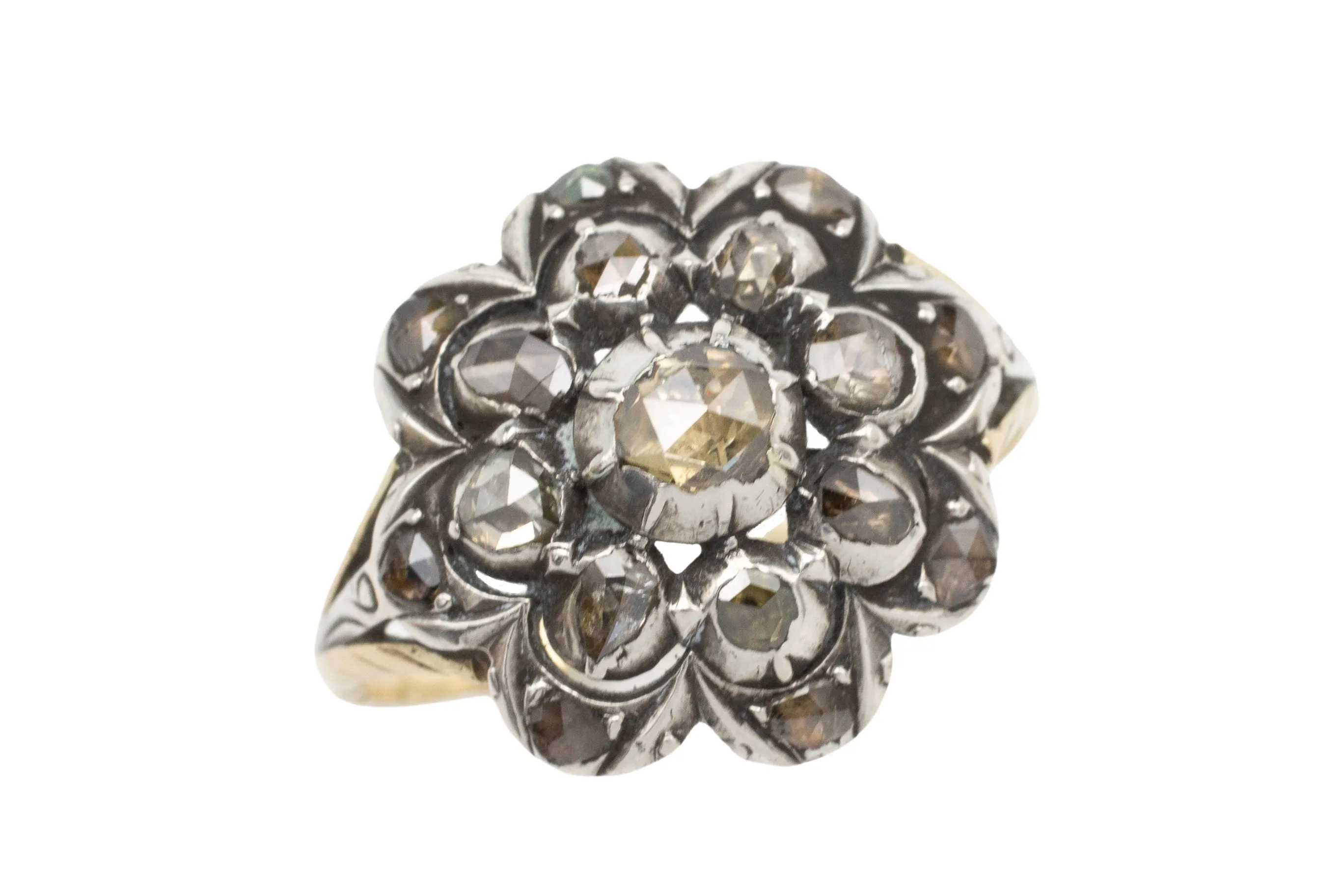 Rose diamond cluster ring in silver and 14 carat gold