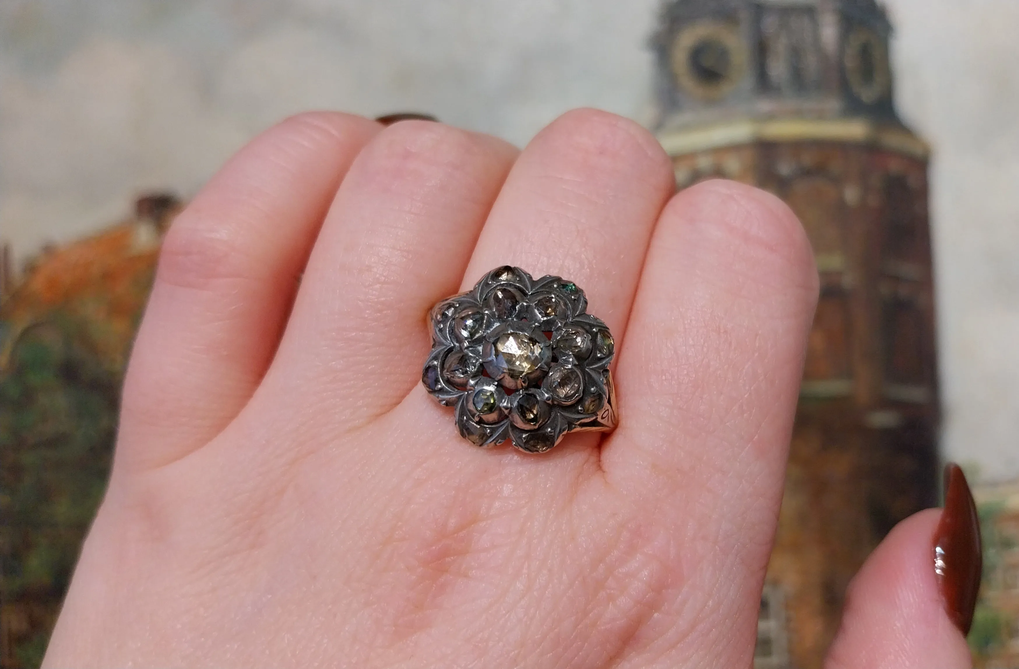 Rose diamond cluster ring in silver and 14 carat gold