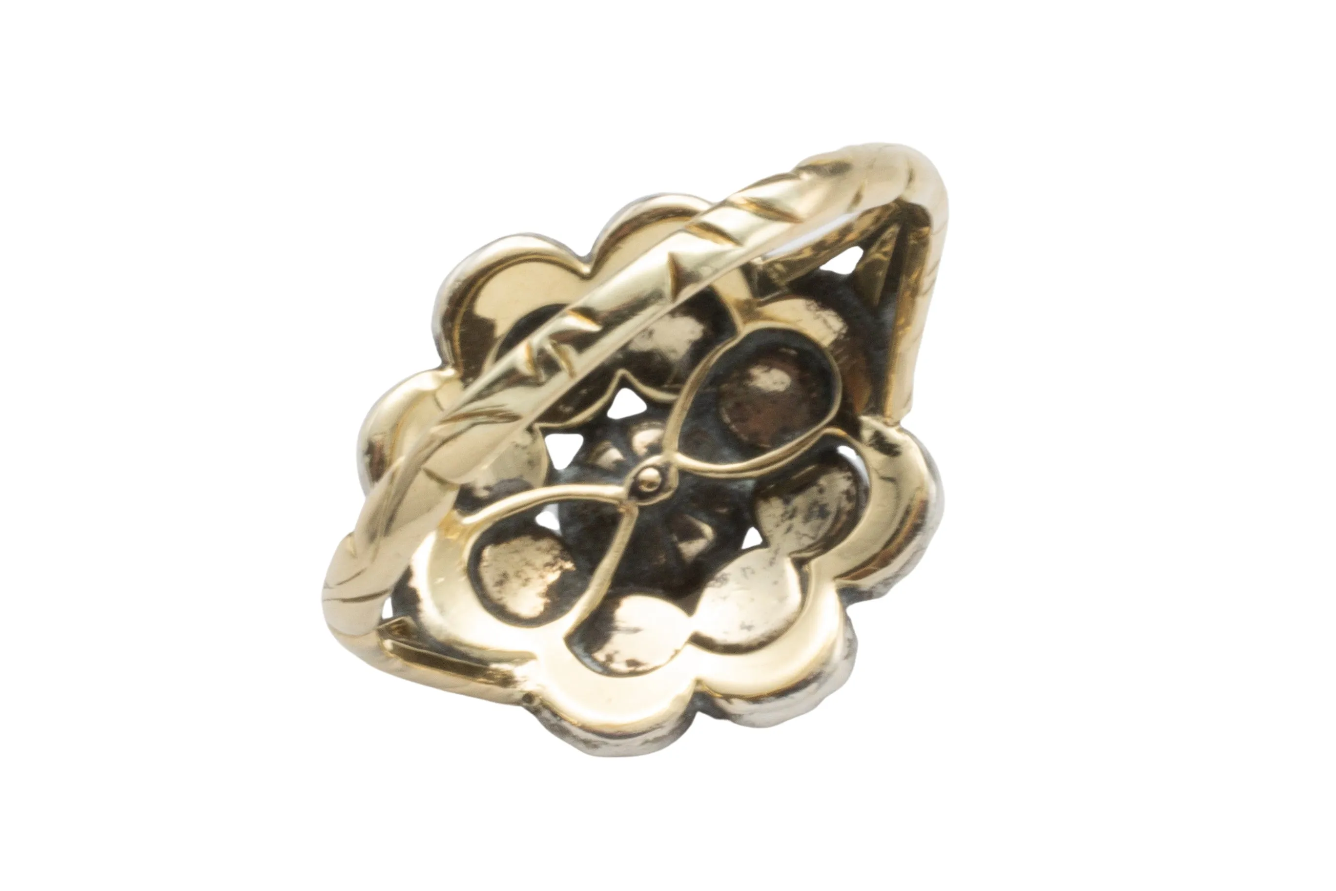 Rose diamond cluster ring in silver and 14 carat gold