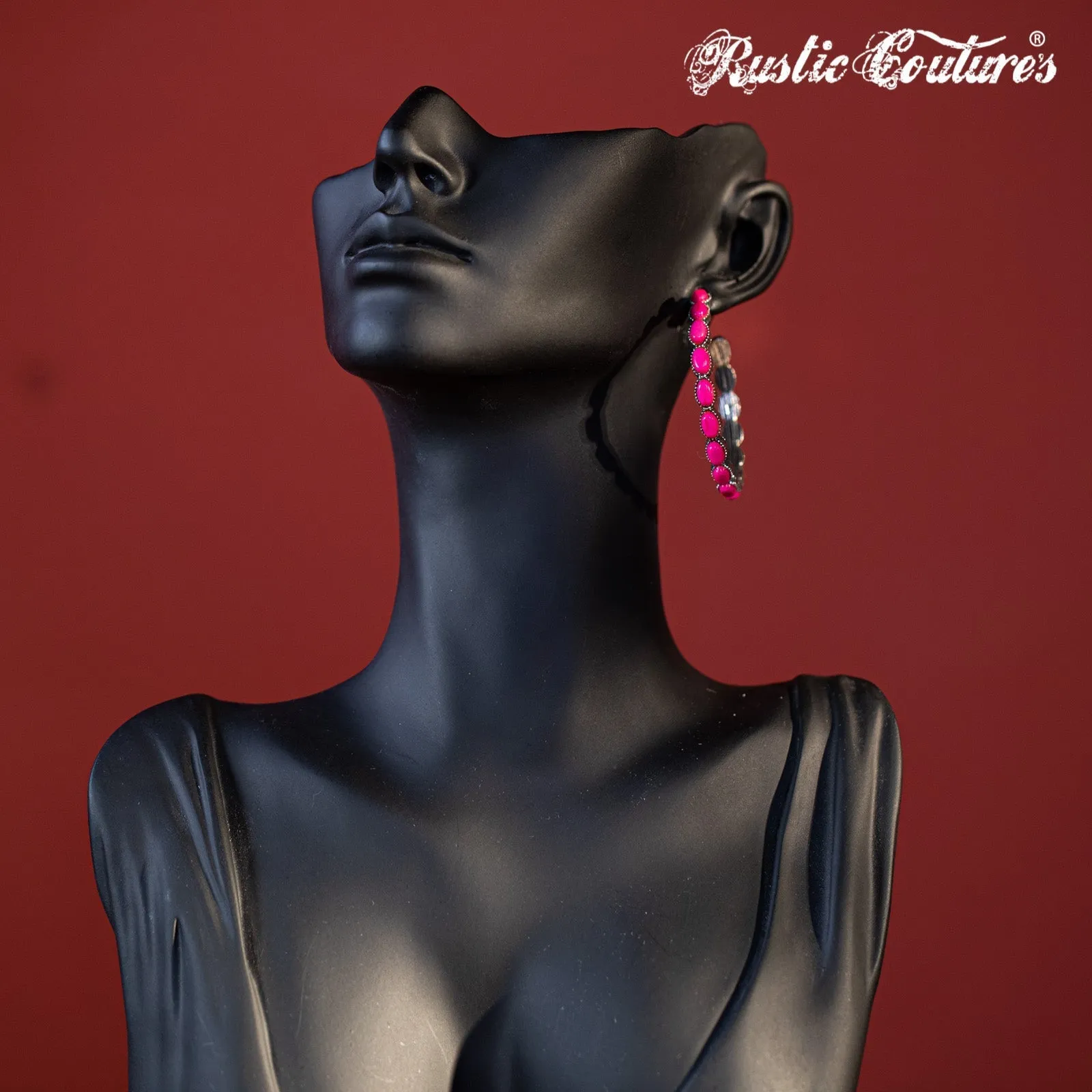 Rustic Couture's Large Silver Base Hot Pink Nature Stone Bead Hoop Earrings