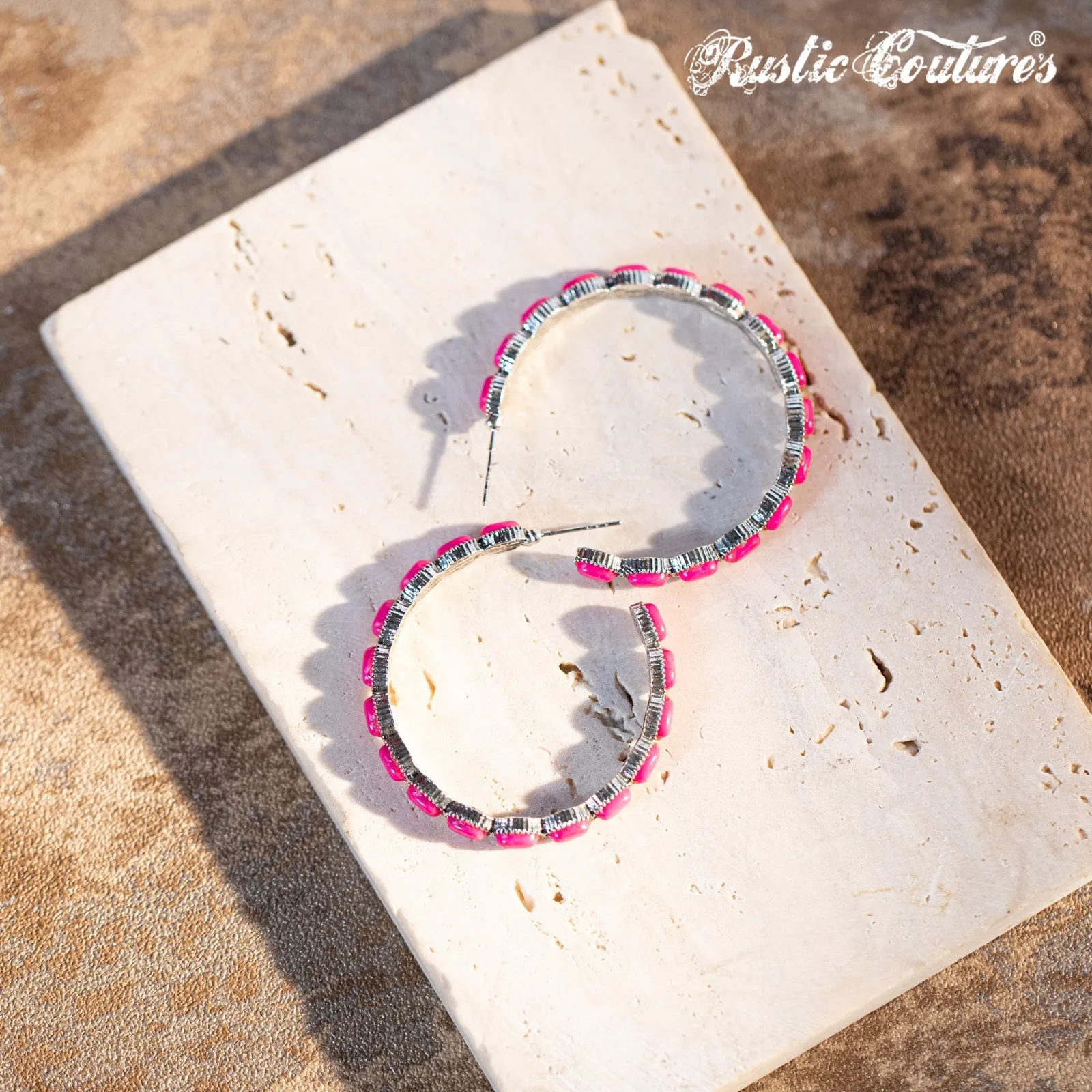 Rustic Couture's Large Silver Base Hot Pink Nature Stone Bead Hoop Earrings
