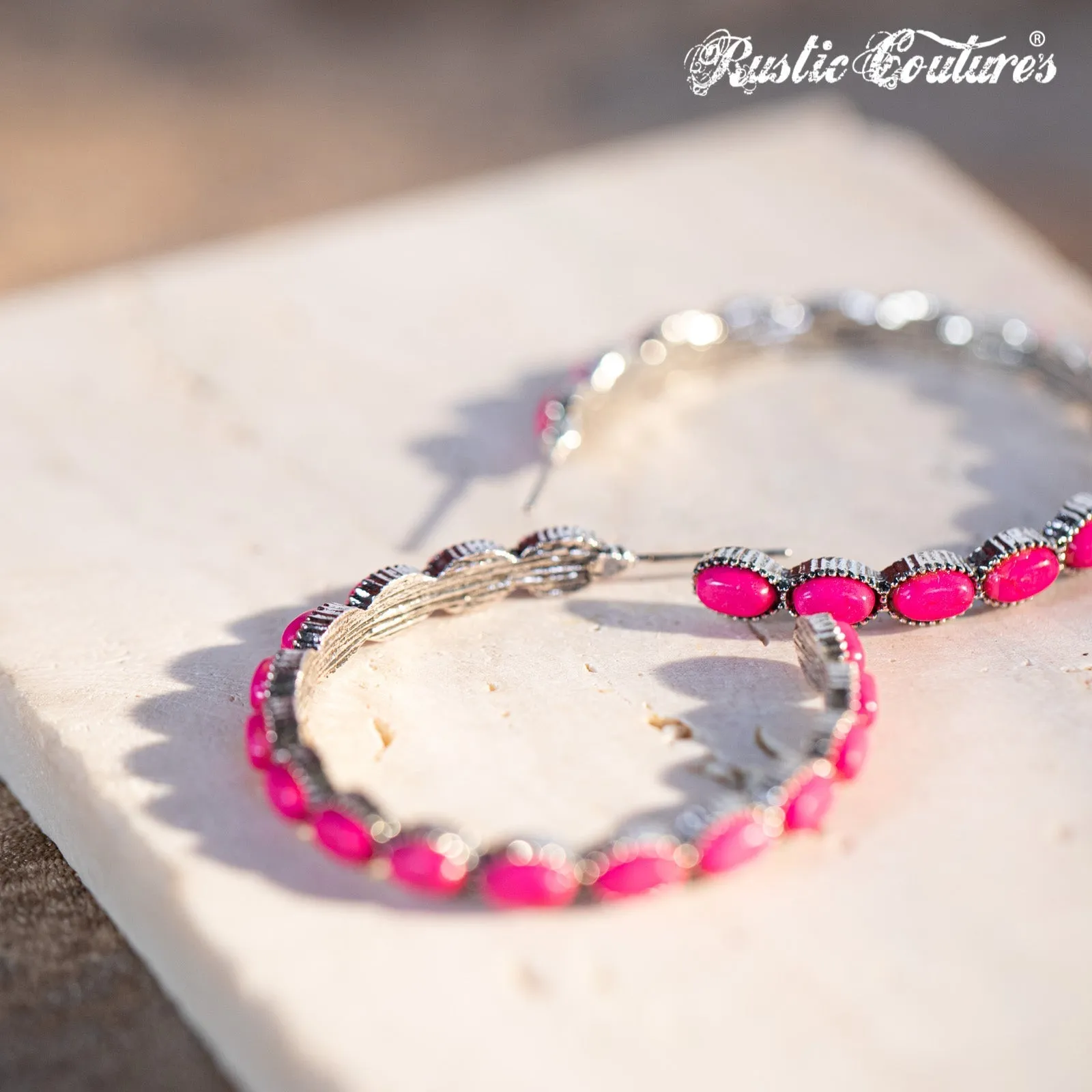 Rustic Couture's Large Silver Base Hot Pink Nature Stone Bead Hoop Earrings