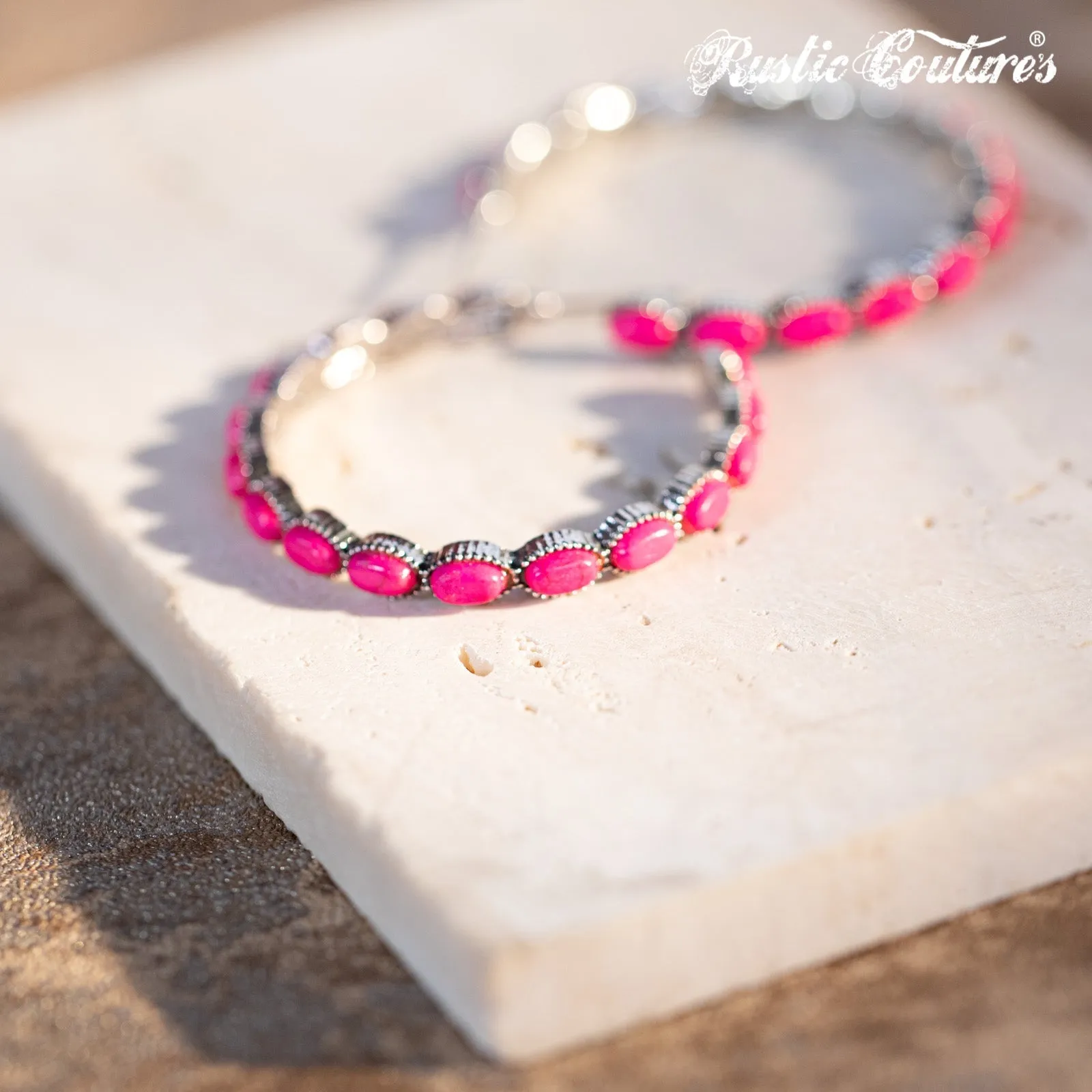 Rustic Couture's Large Silver Base Hot Pink Nature Stone Bead Hoop Earrings