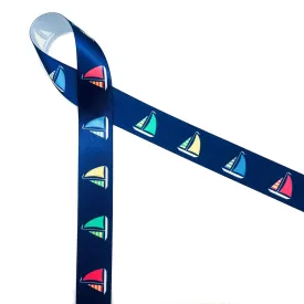 Sailboat ribbon printed on 7/8" white satin