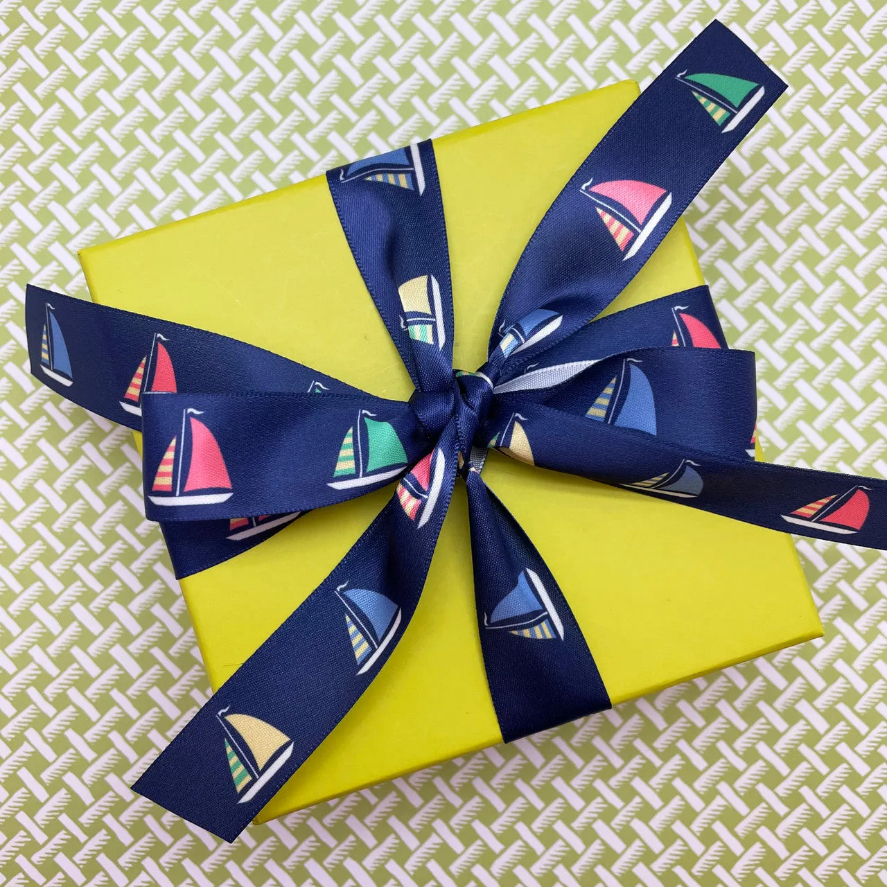 Sailboat ribbon printed on 7/8" white satin