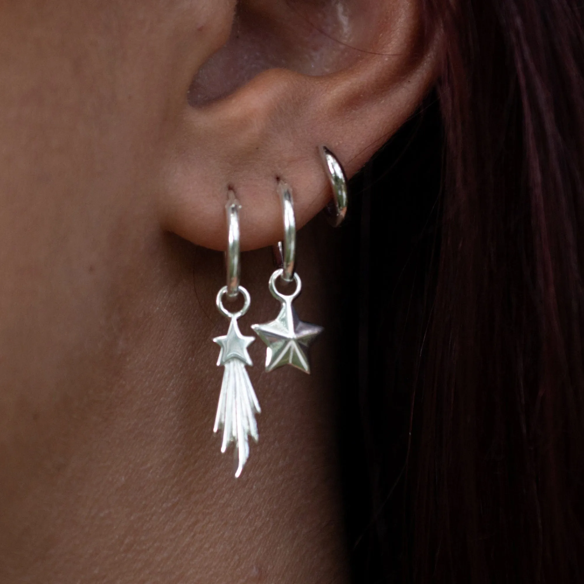 Silver Shooting Star Charm Hoop Earrings
