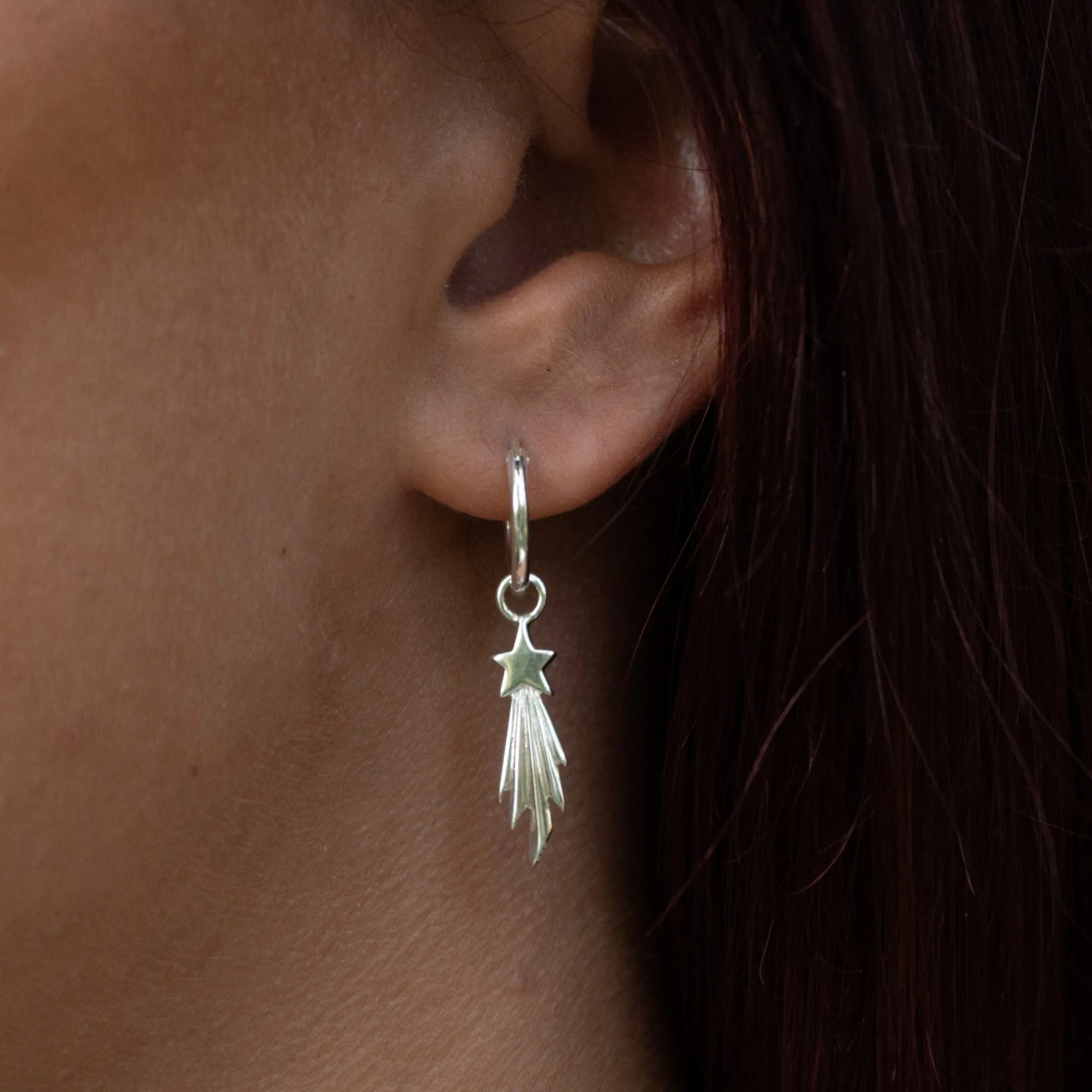 Silver Shooting Star Charm Hoop Earrings