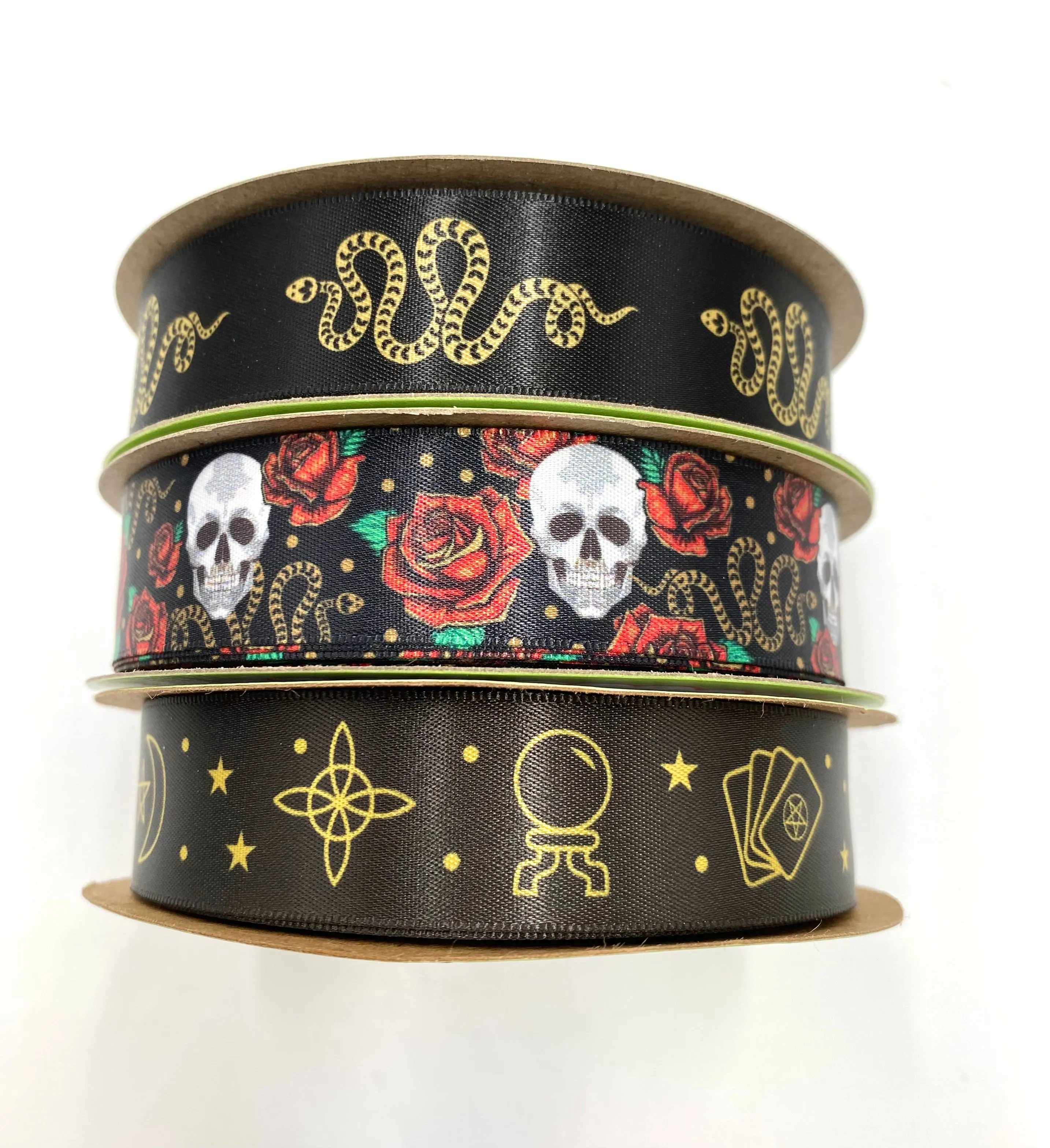 Snake Ribbon gold snakes slithering on a black background printed on 7/8" gold satin