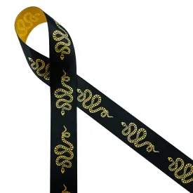 Snake Ribbon gold snakes slithering on a black background printed on 7/8" gold satin