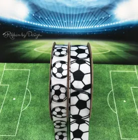 Soccer Ball Ribbon black and white soccer balls printed on 5/8" white single face satin or grosgrain