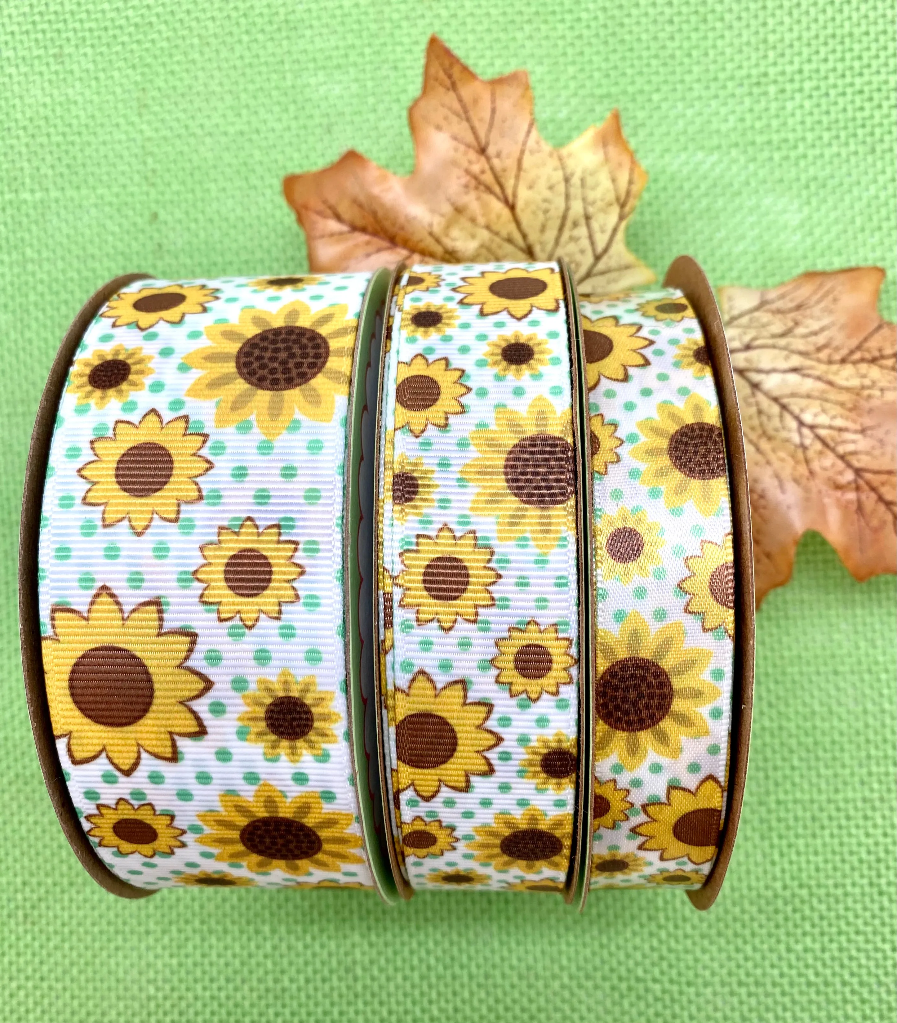 Sunflowers with green pin dots Ribbon printed on 5/8" white Single Face Satin