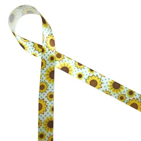 Sunflowers with green pin dots Ribbon printed on 5/8" white Single Face Satin