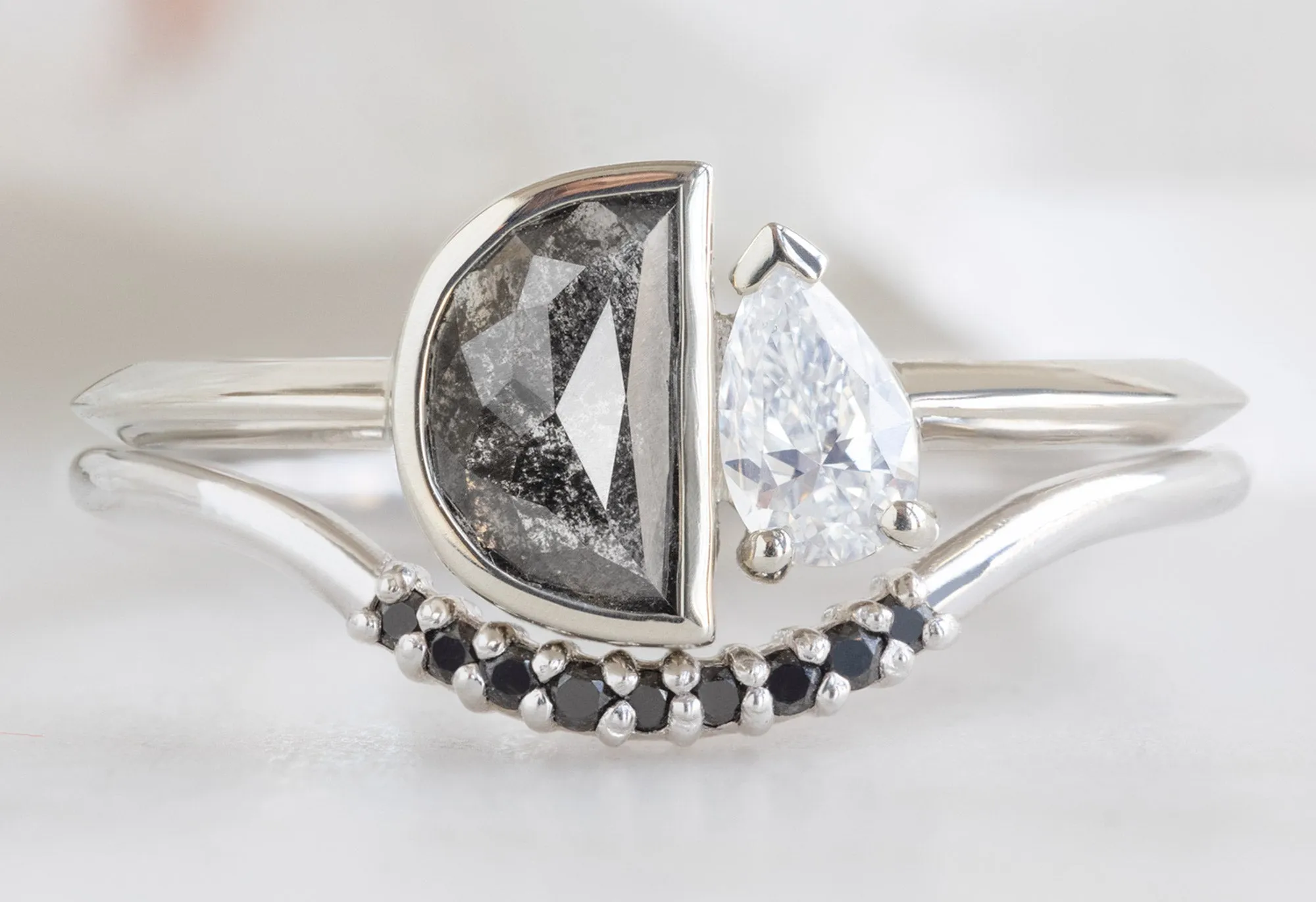 The You & Me Ring with a .60ct Black Half-Moon   Pear-Cut White Diamond