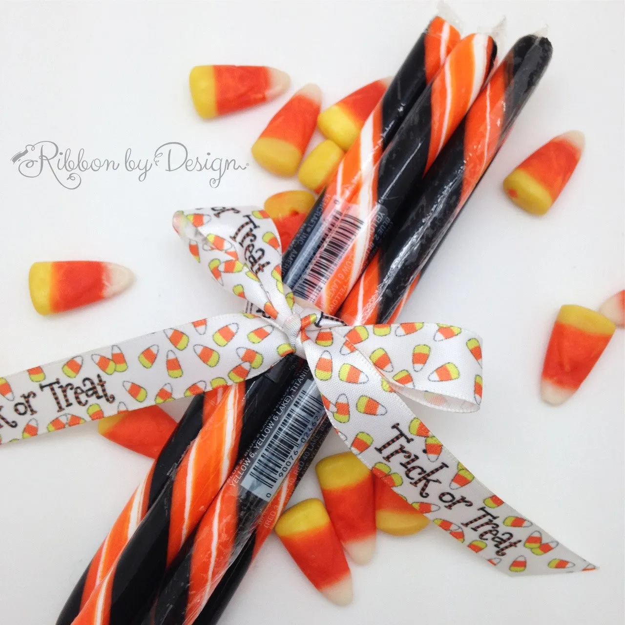Trick or Treat Ribbon with candy corn on 5/8" white single face satin ribbon