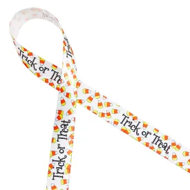 Trick or Treat Ribbon with candy corn on 5/8" white single face satin ribbon